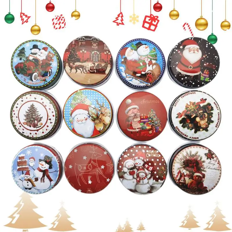 

12pcs Christmas Metal Cookie Box Round Candy Tin Can Biscuit Gift Storage Containers Xmas Holiday Party Supplies Kids gifts