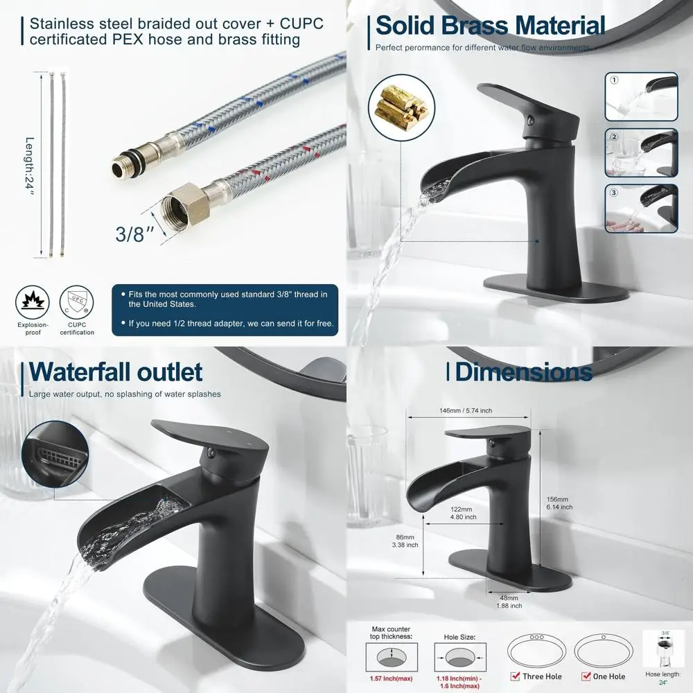 

Single Handle Waterfall Faucet for Black Bathroom Sinks, Deck Mounted, Suitable for 1 or 3 Holes, Farmhouse Style, RV and Vessel