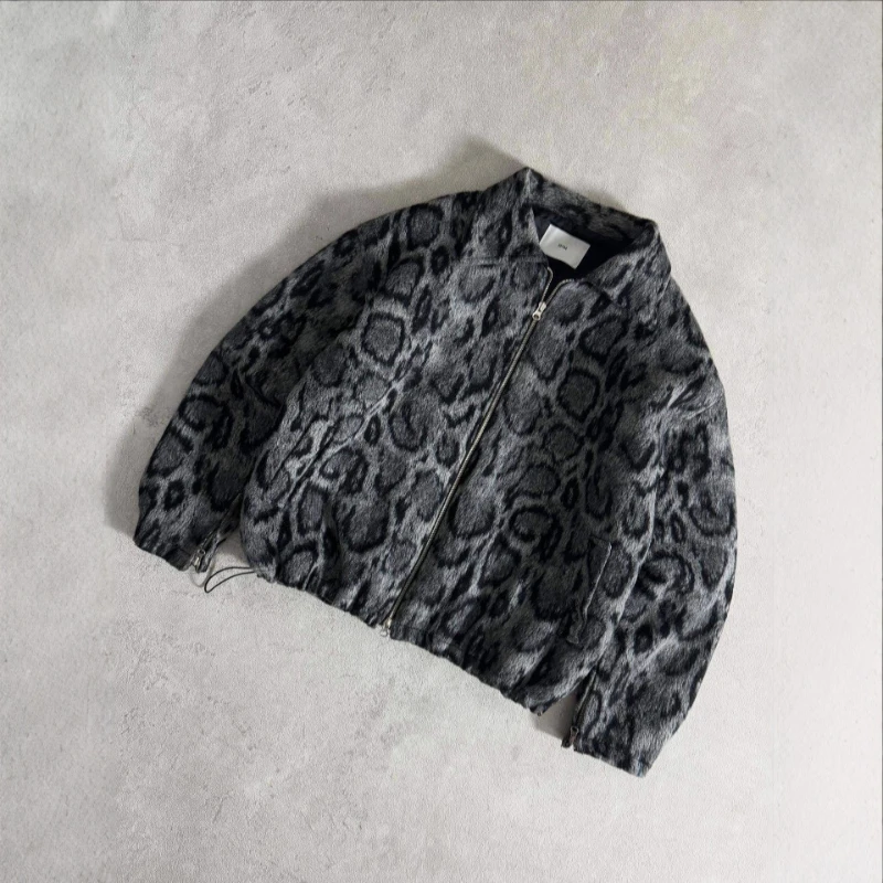 Mens Jacket Harajuku Retro Leopard Wool Coat Vintage Streetwear Outerwear Loose Fit Autumn Winter Casual Fashion Unisex Trend