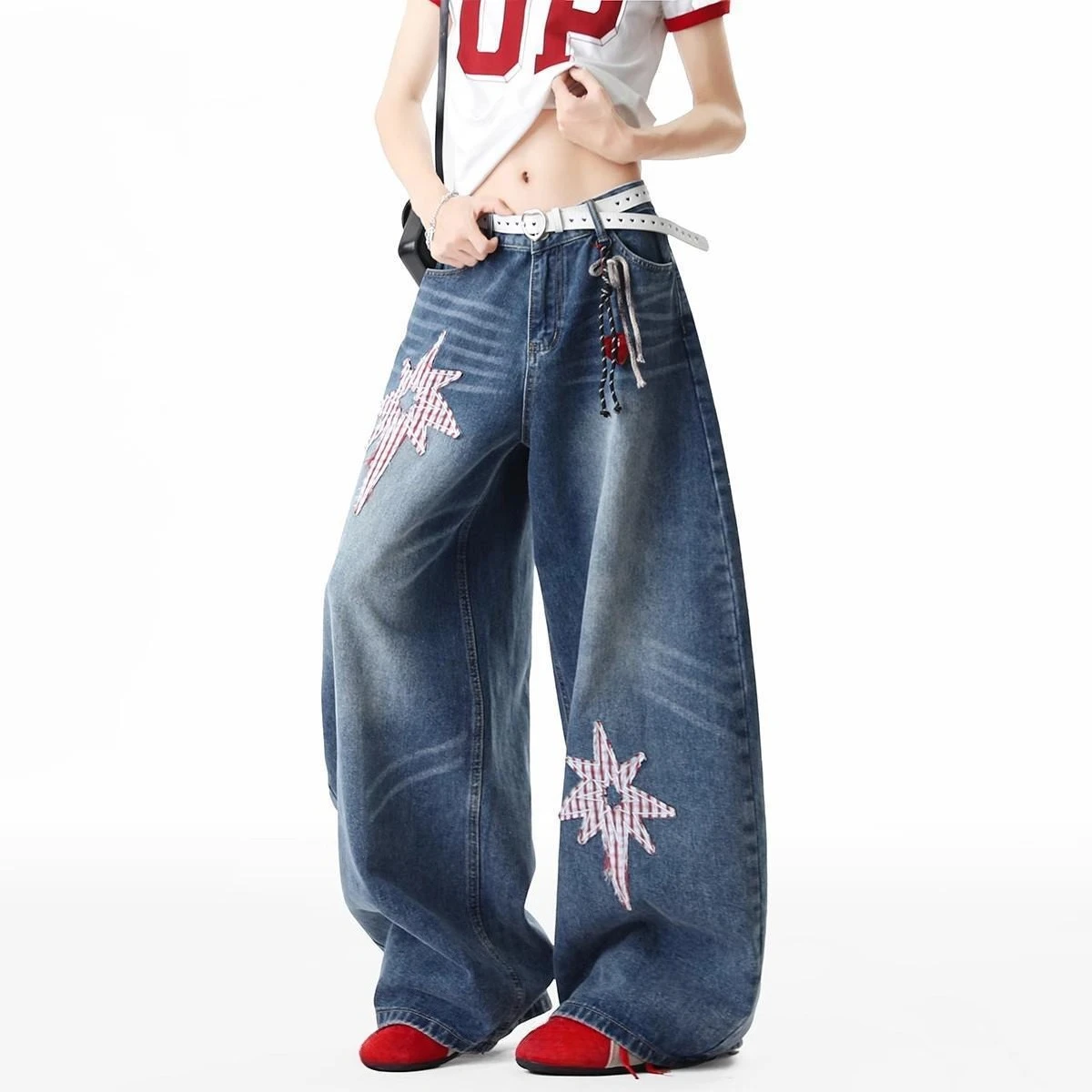 

Корейские модные свободные джинсы-багги для женщин, весна 2026, новые, с эффектом потертости, широкие джинсовые брюки, уличная одежда, повседневные брюки с принтом