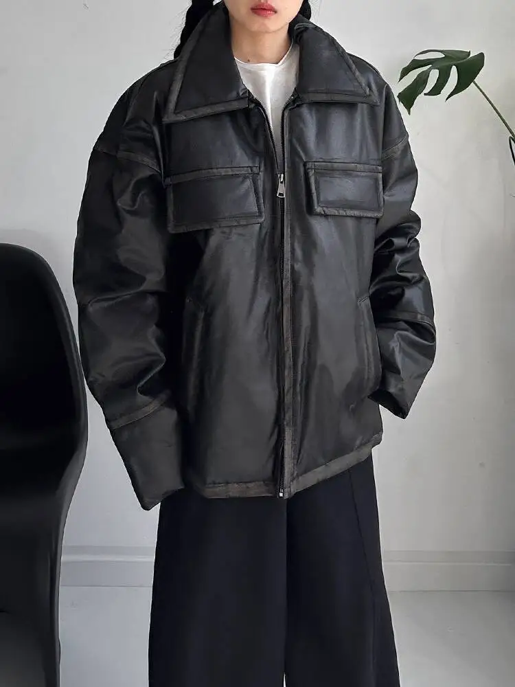 

HUISONG Vintage High Street Woman Pu Leather Cotton-Padded Jacket Big Size Thick Warm Jacket High Quality Cotton Coat Winter