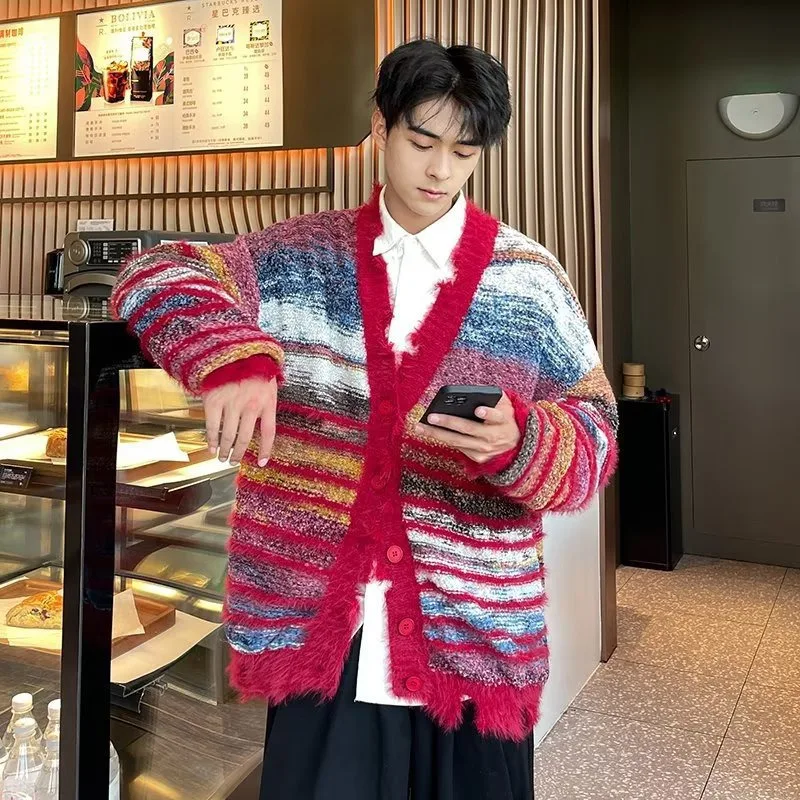 

Vintage Rainbow Color Blocking Sweater Knitted Top Cardigan Loose Fit Casual Niche Situation Trendy American Style Idle Style