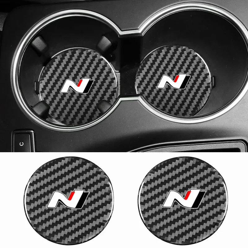 2Pcs Car Carbon Fiber Pattern Coaster Non Slip Water Cup Mat Anti-Dirt for Hyundai N nline tucson kona sonata veloster i20 i30