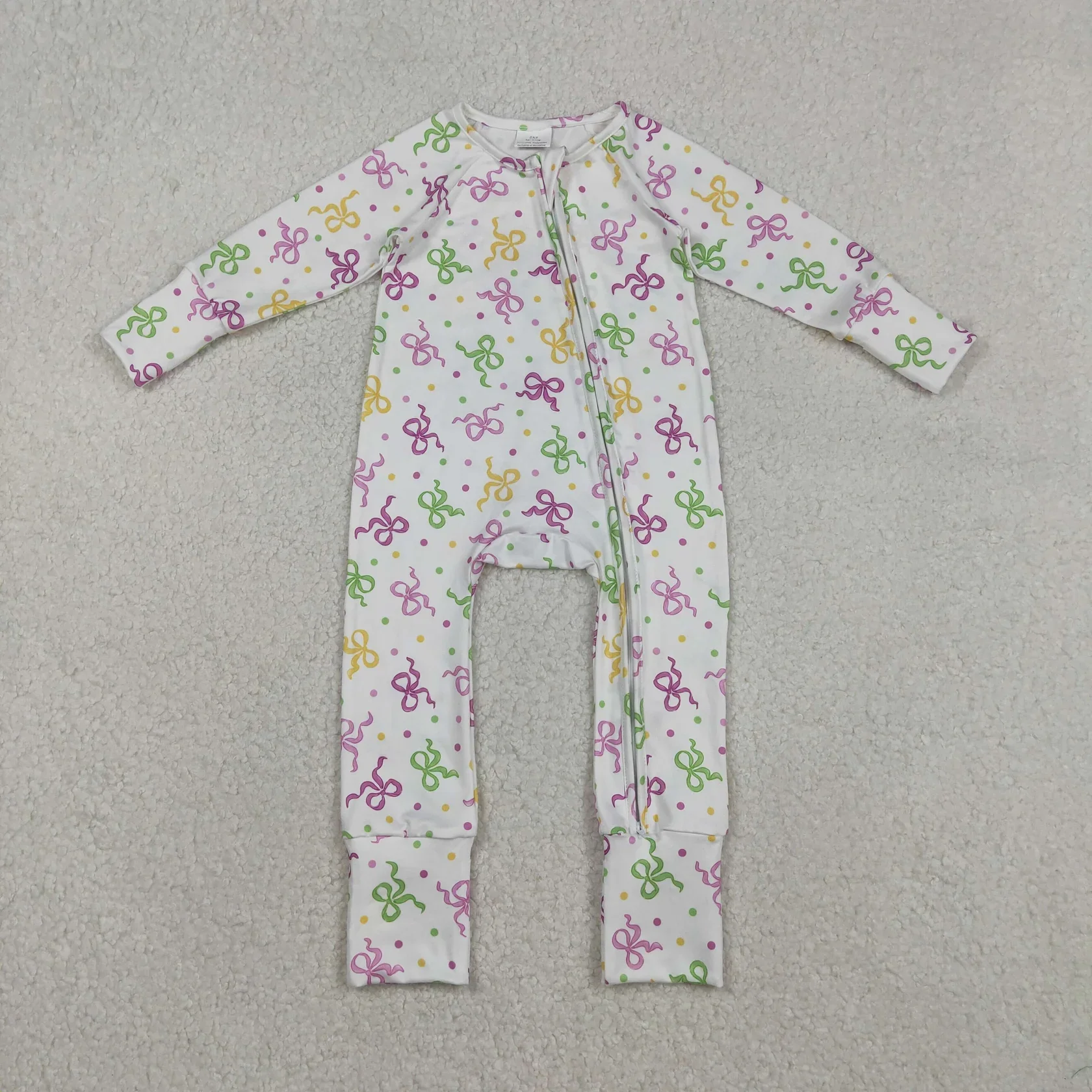 

Wholesale Baby Girl Children Zipper Footie Romper Toddler Newborn Mardi Gras Bows Clothes Infant Kids Girls Coverall Bodysuit