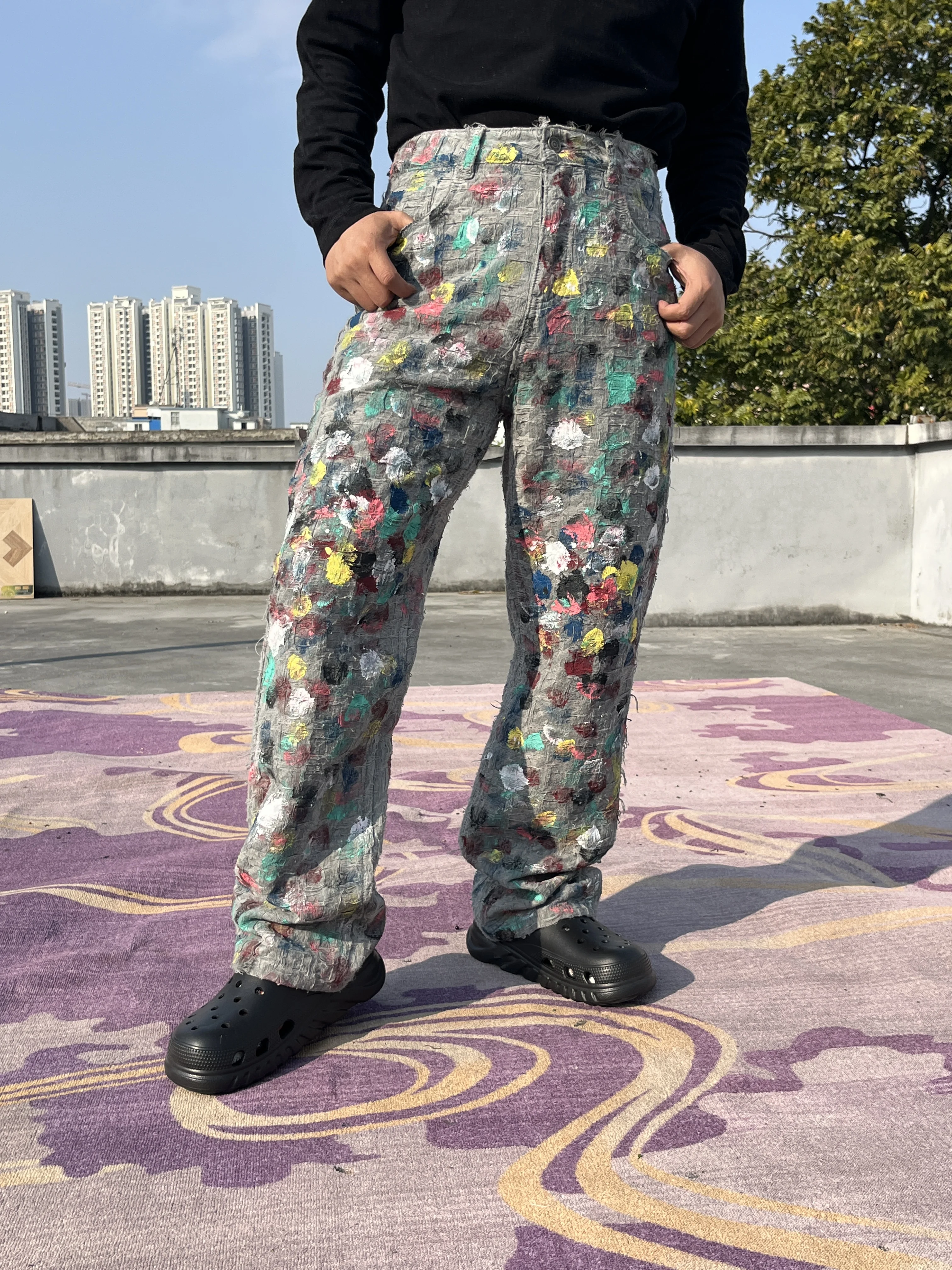 

AL088 BLCG High Waist Super Quality Loose Fitting Denim Pants Heavy Thick Unisex Fashion Art Stylish Hand Painting Jeans