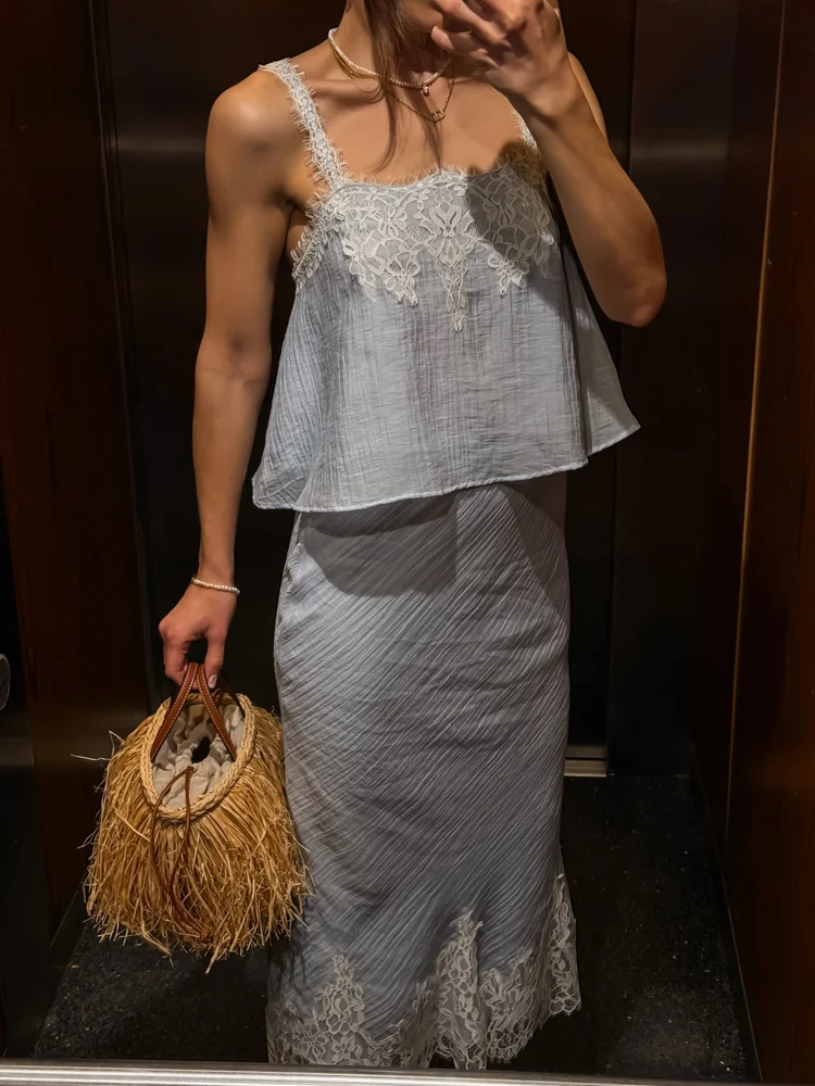 Conjunto de Falda Elegante de Verano HH para Mujer, Top Corto con Decoración de Encaje, Lencería, Falda Midi Ajustada de Cintura Alta, Sexy y a la Moda