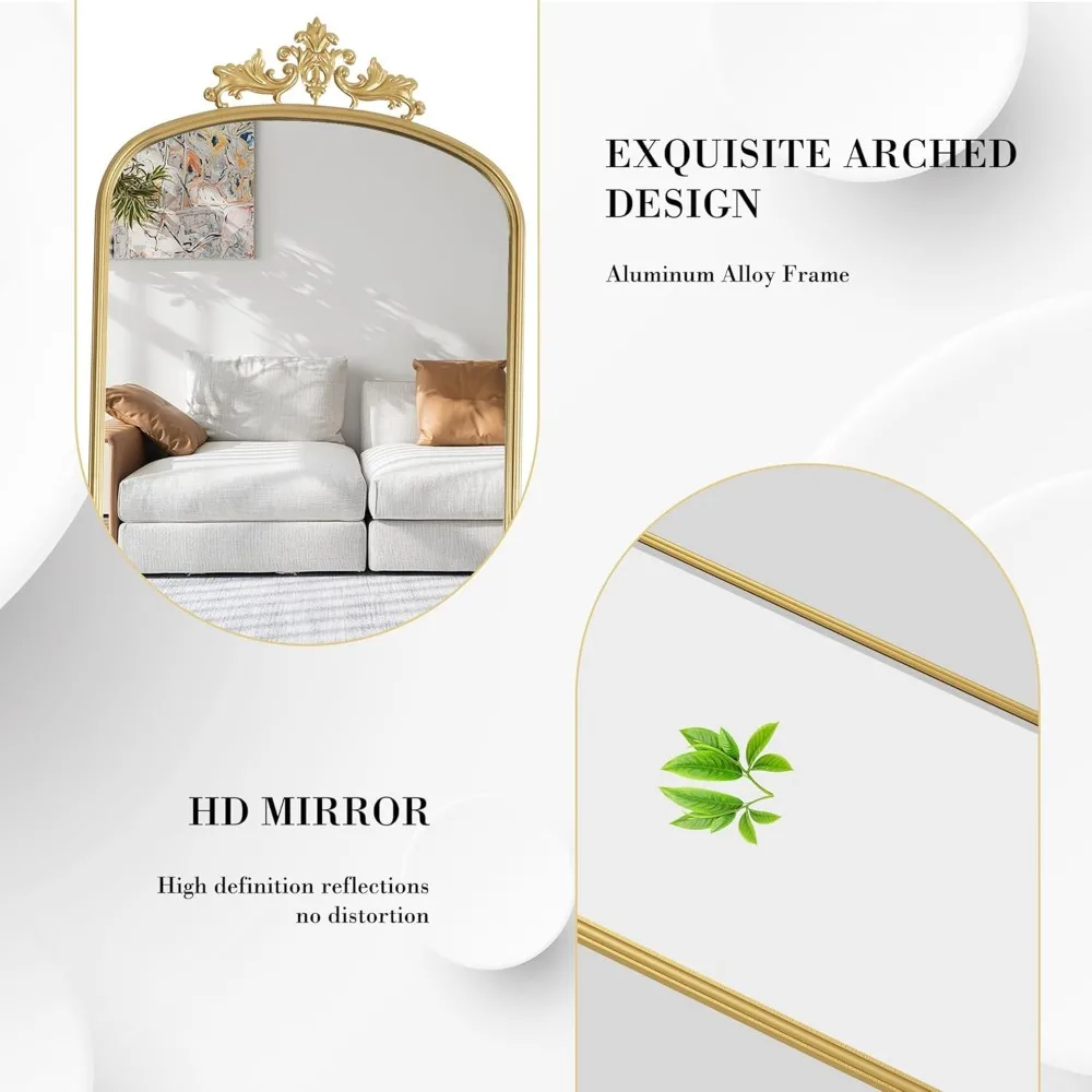 مرآة بإطار معدني منحوت باللون الذهبي مقوسة بطول كامل، قائمة على الأرض 65 × 21، ديكور منزلي ومرآة كاملة للجسم لحفلات الزفاف