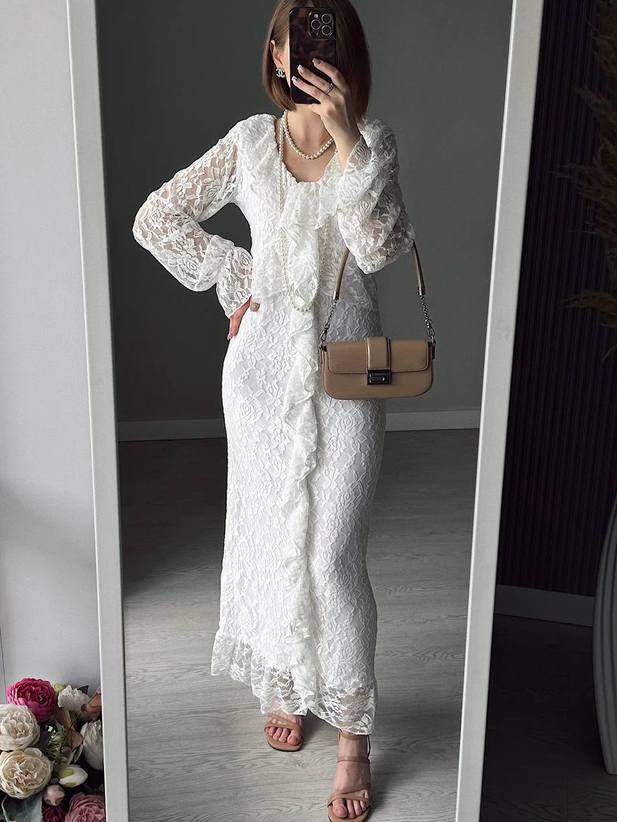 Hirsionsan Lace Elegant Dress Women Floral Graphic Chic Maxi Dresses with Ruffles Sexy Autumn V Neck Party Dress for Female 2025