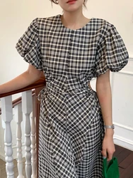 Women's Summer Vintage Long Plaid Dress Waist Exposed 2022 Female Puff Sleeve Drawstring Holes A-line Midi Sundress