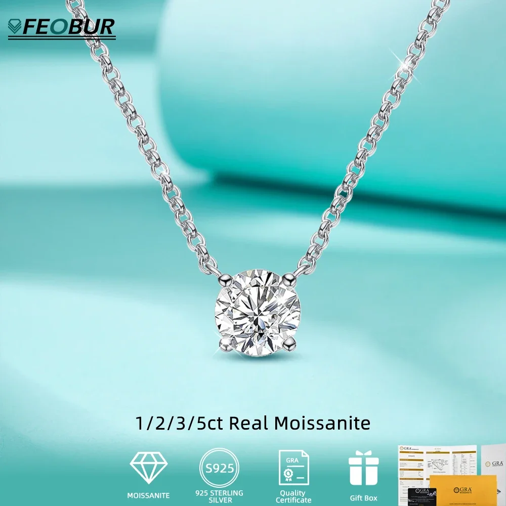 FEOBUR 1/3/5ct Round Moissanite Pendant Necklace for Women 925 Sterling Silver Classic Diamond Clavicle Neck Chain Party Gift