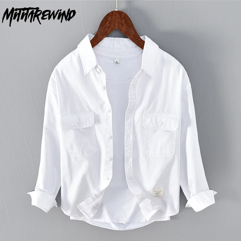 Japanese Style Mens Cargo Shirts 100% Cotton White Shirt Double Pockets Long Sleeve Button Up Shirt Men Spring Loose Casual Top