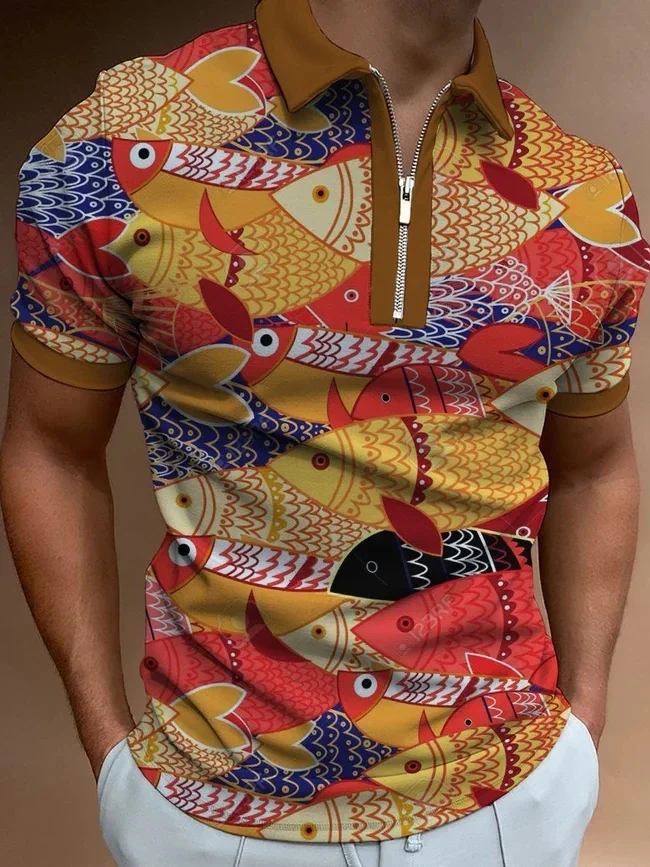 

Men's Fish Pattern Short Sleeve Polo Shirt 3D Printed Zip Up Polo Shirt