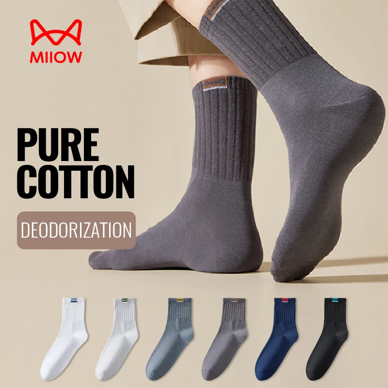 

MiiOW 100% Pure Cotton Socks Men Black White Business Dress Long Sock Antibacterial Anti Odor Crew Socks Breathable Sport Sock