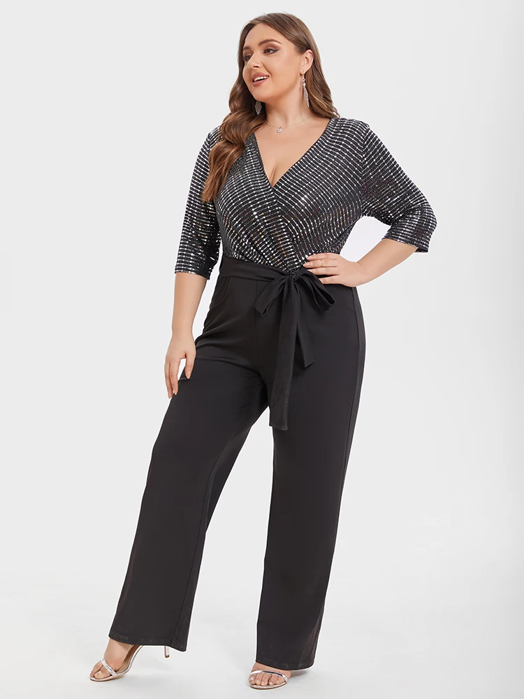 Plus Sized Clothing Chic Jumpsuit with Belt Women Patchwork Contrast V-Neck Long Sleeve Sequin Evening Host Jumpsui