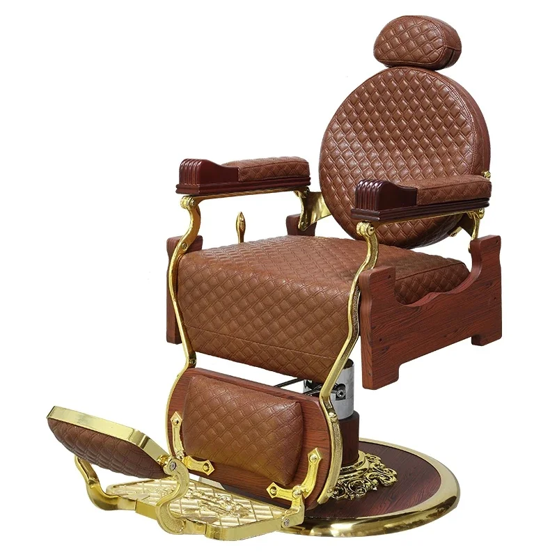 Luxury Antique Brown Salon Chair Gold Base Barbershop Rotating Barber Styling Chair for Sale