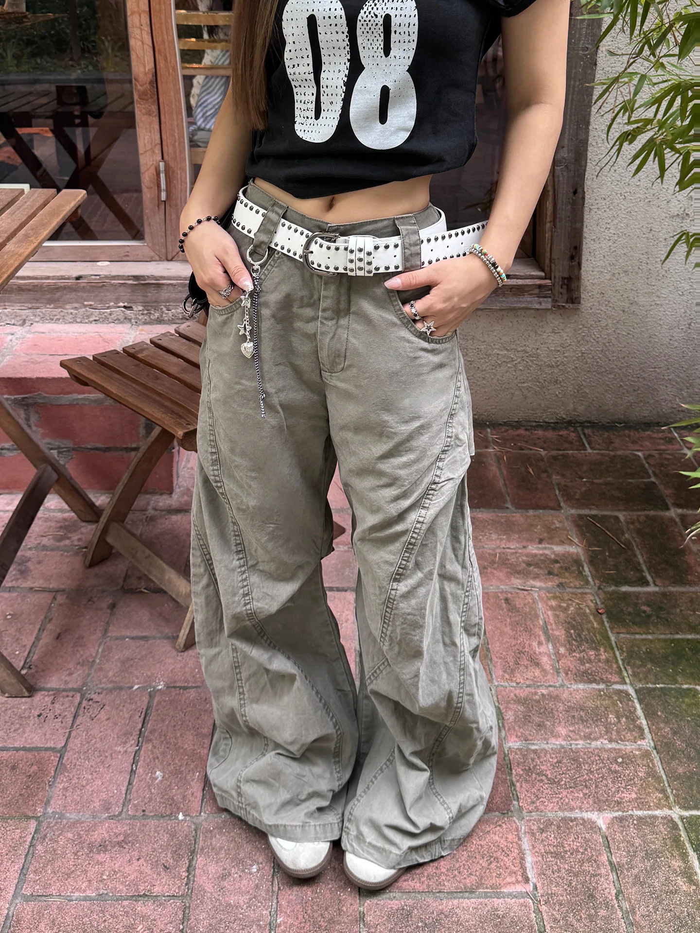 

Cleanfit Retro American High Street Patchwork Pleated Denim Jeans Loose Slimming Wide Leg Floor-Length Trendy for Men And Women