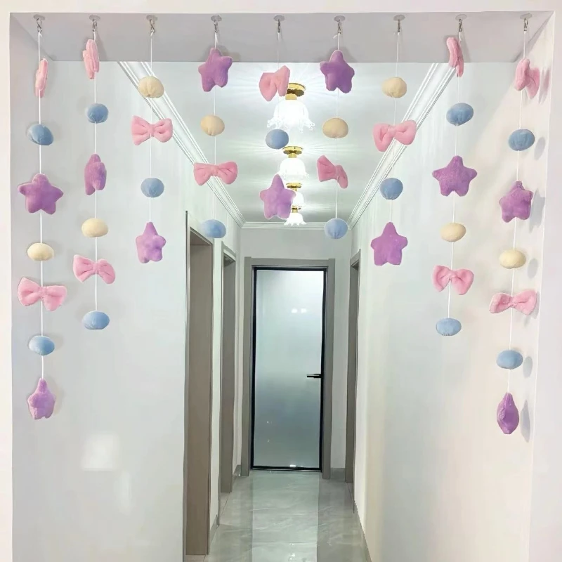 Cute Plush Curtain for Door Window Wall Bow & Heart Decorative Hanging String Garland Home Decor for Girl Baby Room