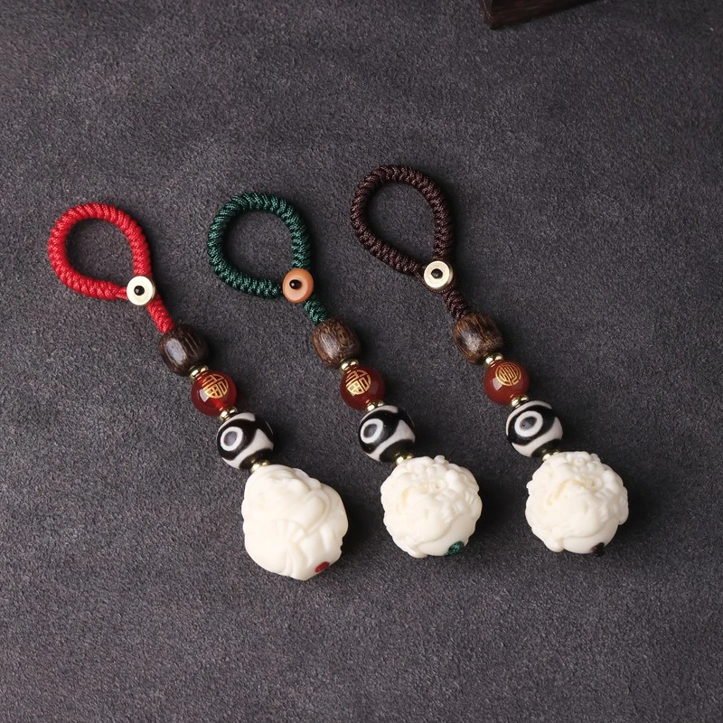 Handwoven Natural Ivory Nut Pixiu Keychain Pendant with Three eye Dzi Agate Phone Charm for Men and Women Gifts