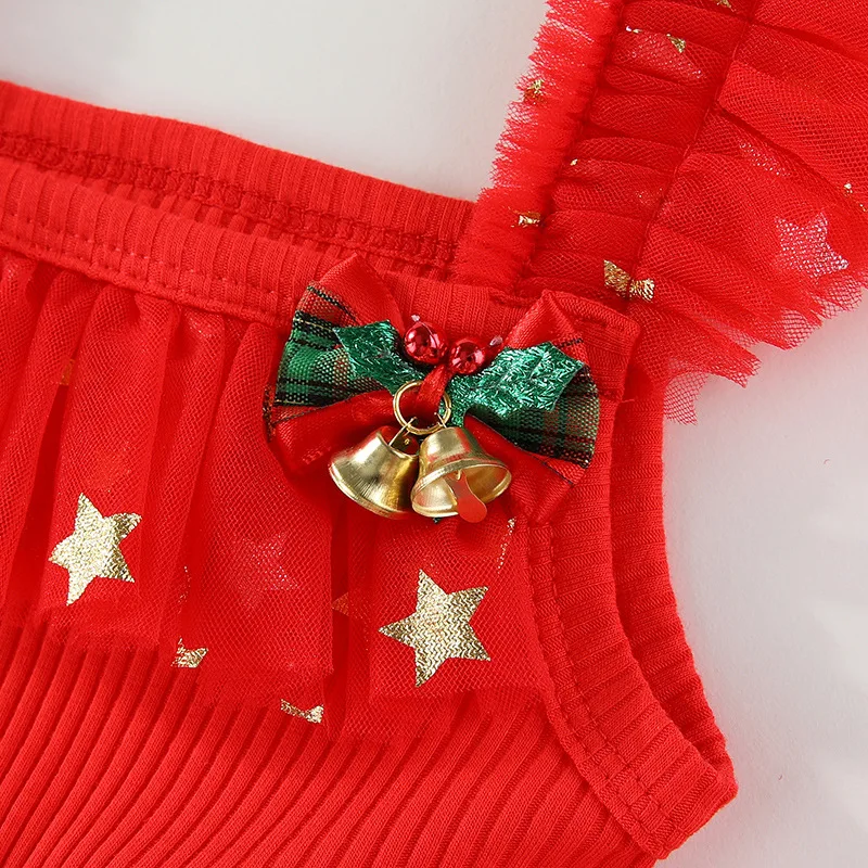 Weihnachts-Schwestern-Partnerlook: Ärmelloses Rüschen-Schulterkleid mit Weihnachtsbaum-Motiv für Mädchen (0-6 Jahre) – Detail 11