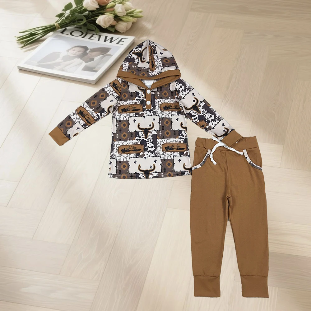 

10.20 Baby Boys Winter Clothe Baby Boys Aztec Bull Skull Button Hoodies Pockets Pant Western Clothes Sets