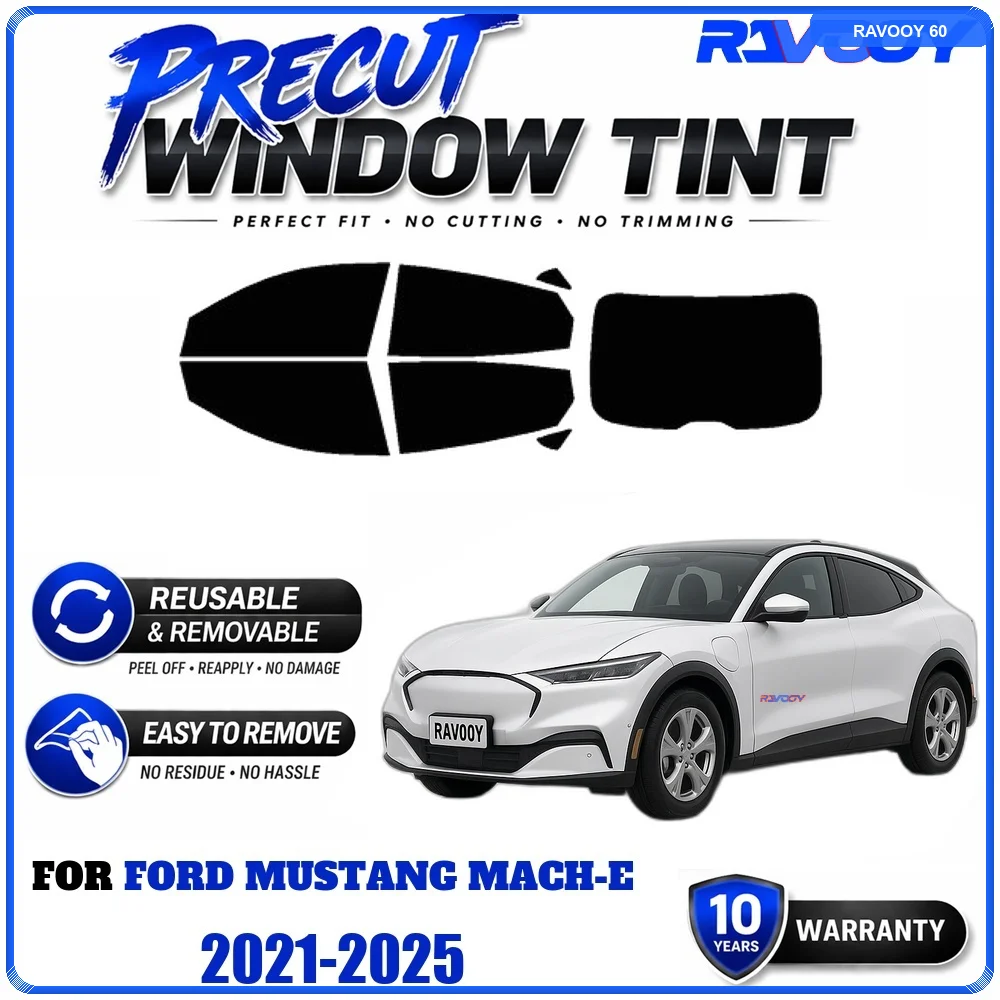 RAVOOY Precut Window Tint, Reusable Removable EPU Film, Custom Fit for Ford Mustang MACH-E 2021-2025, UV Heat Protection