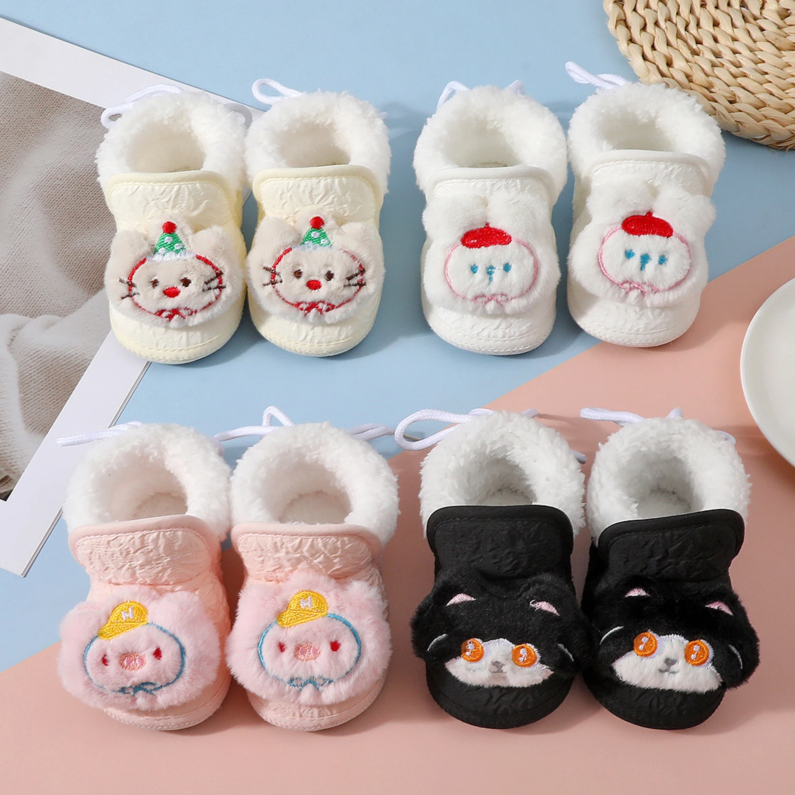 0-18months Baby boys girls Winter warm Shoes Plush Lining Cartoon Animal Soft Sole Non Slip Crib Shoes