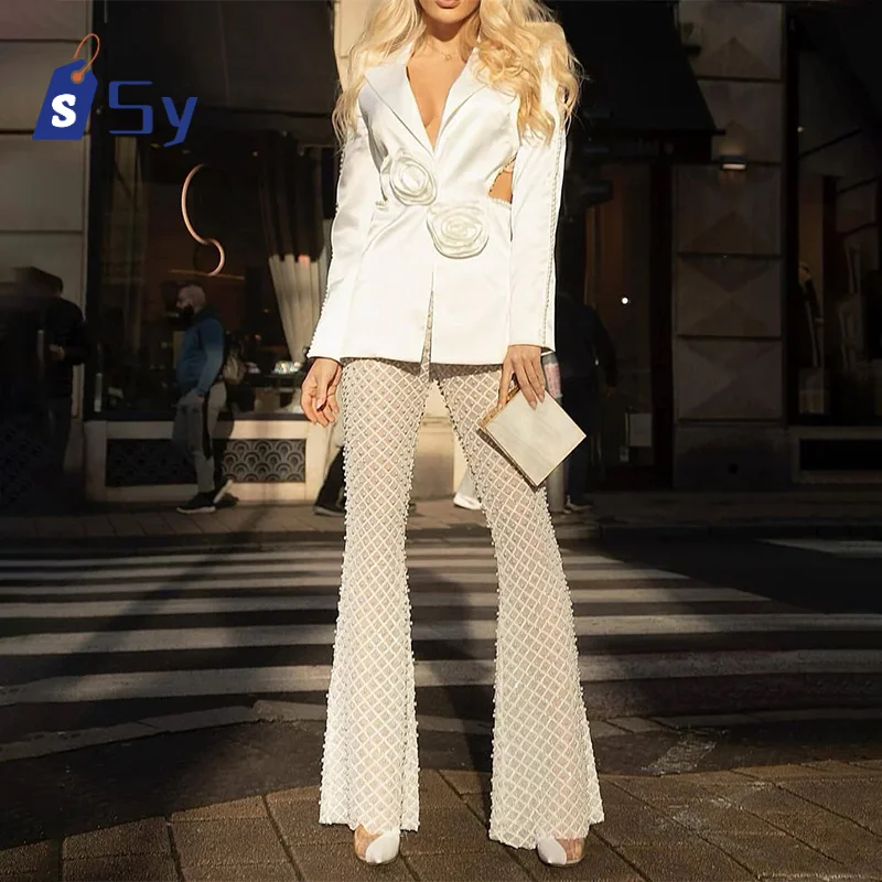 

Sy2024 Solid Two-piece Women's Notch Color Long Sleeve Patchwork Applique Top High-waisted Pants Chic Suit For Women