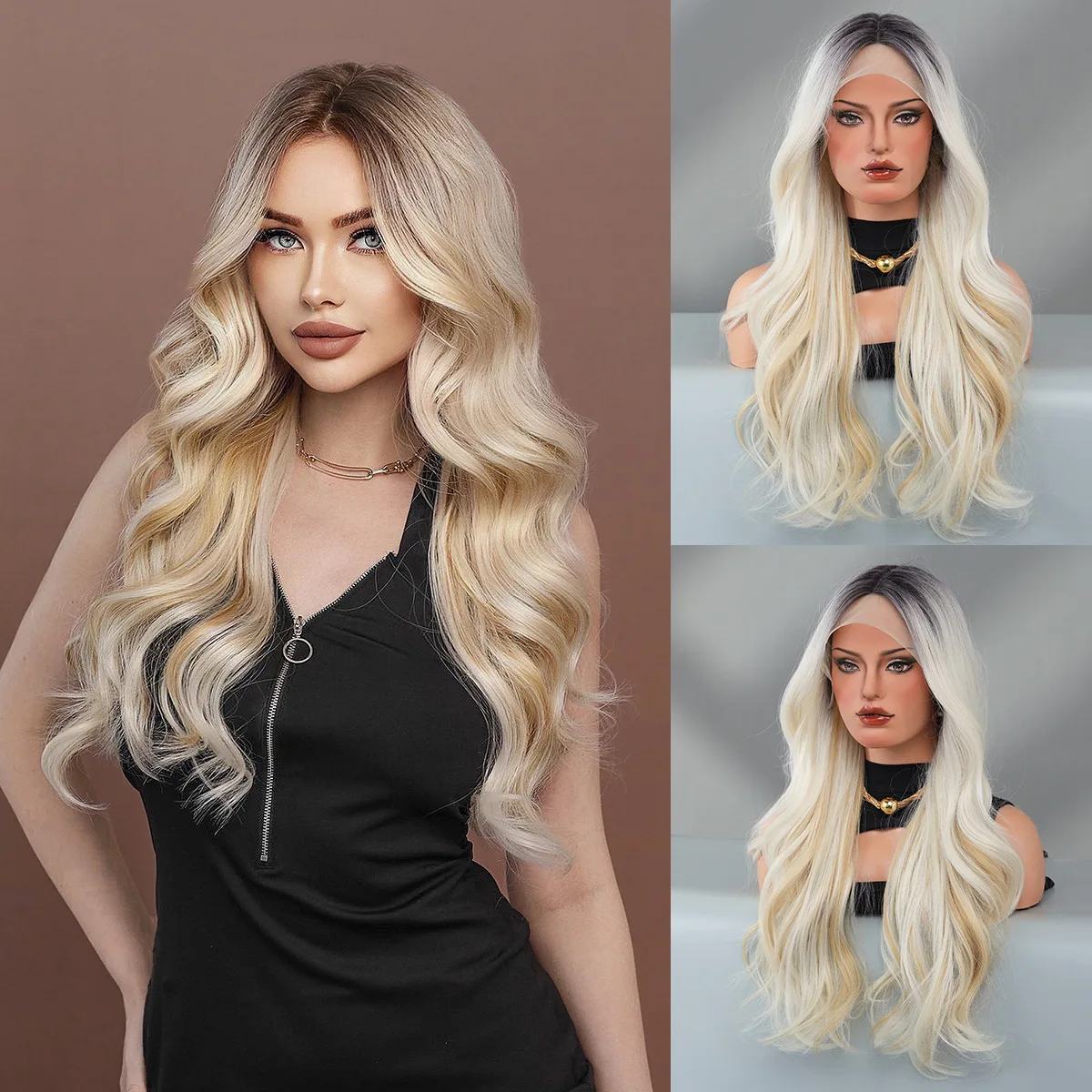 Mid cut wig, beige wavy long curly hair, synthetic fiber small T lace wig