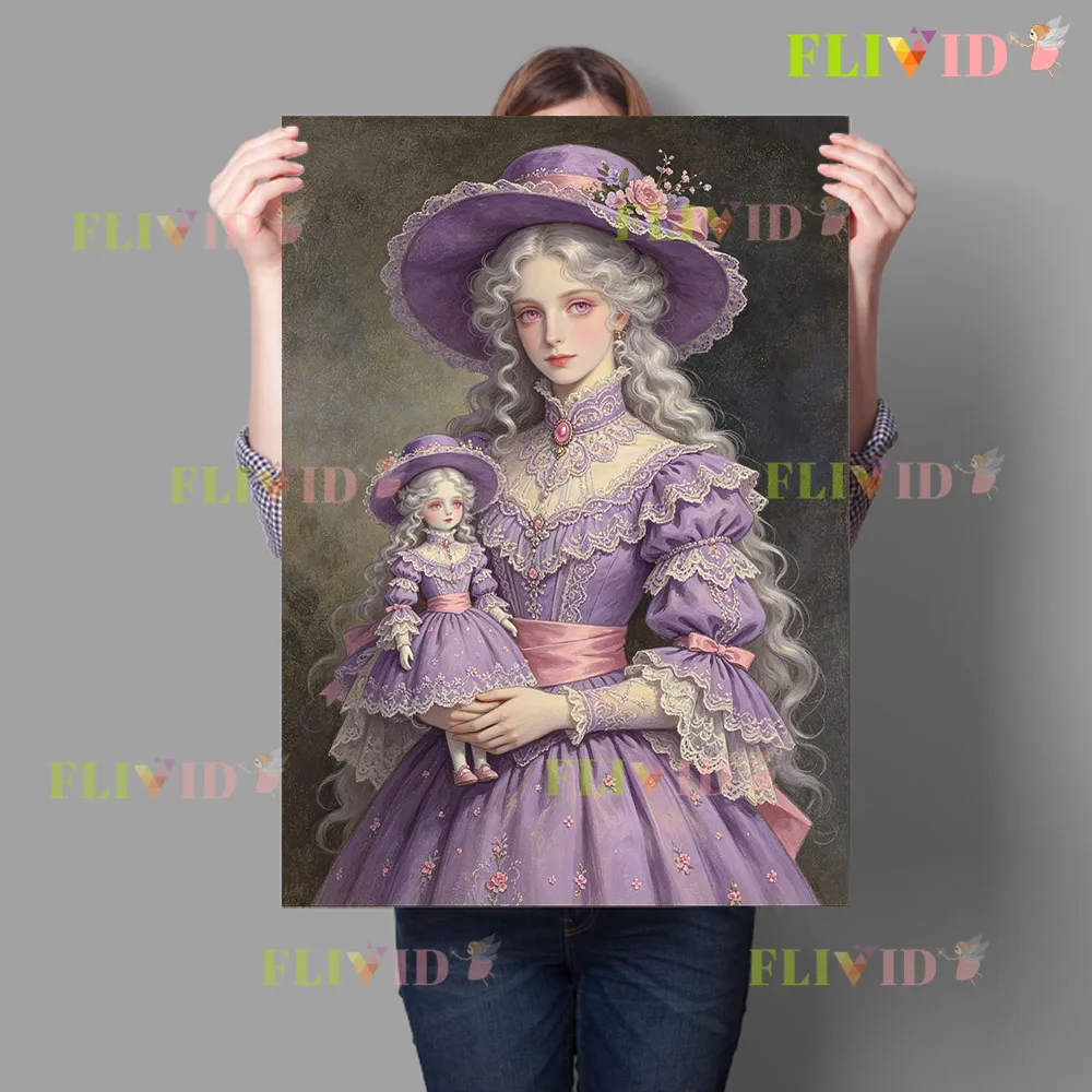 Vintage Victorian Lady With Doll Canvas Wall Art, Rococo Noble Woman Portrait Painting, Retro Lace Dress Poster Home Decor