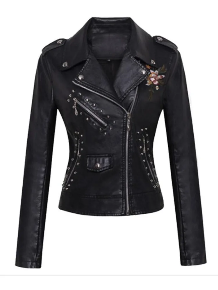 QNPQYX Women Patchwork Leather Jackets Flower Embroidery Rivets Short Section Pu Leather Small Jackets Casual Motorcycle Coats