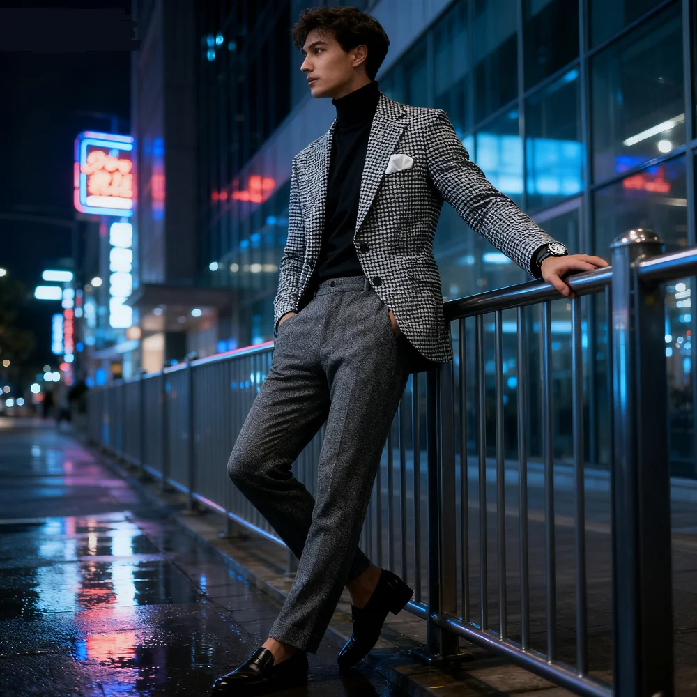 

Облегающий пиджак с узором «гусиные лапки» для мужчин, повседневный модный деловой стиль, с лацканами Terno Jaqueta, 1 шт., клетчатый костюм, пальто