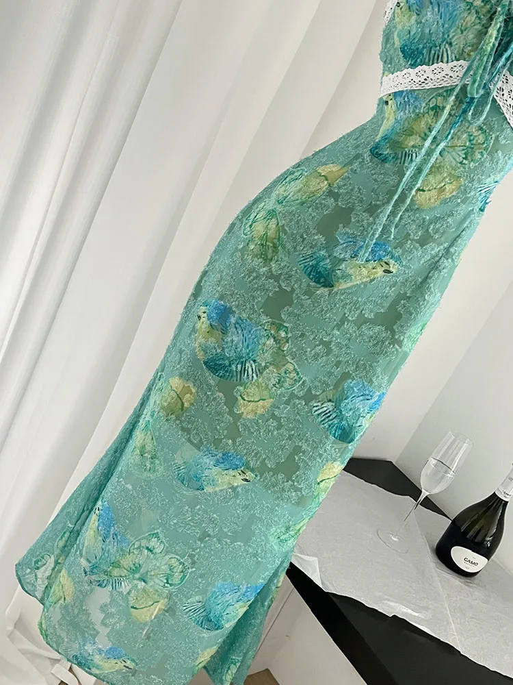 New Chinese Style Print Spaghetti Strap Dress Sleeveless Fashion Lace Sundress Temperament Green Floral Dress Formal Occasion