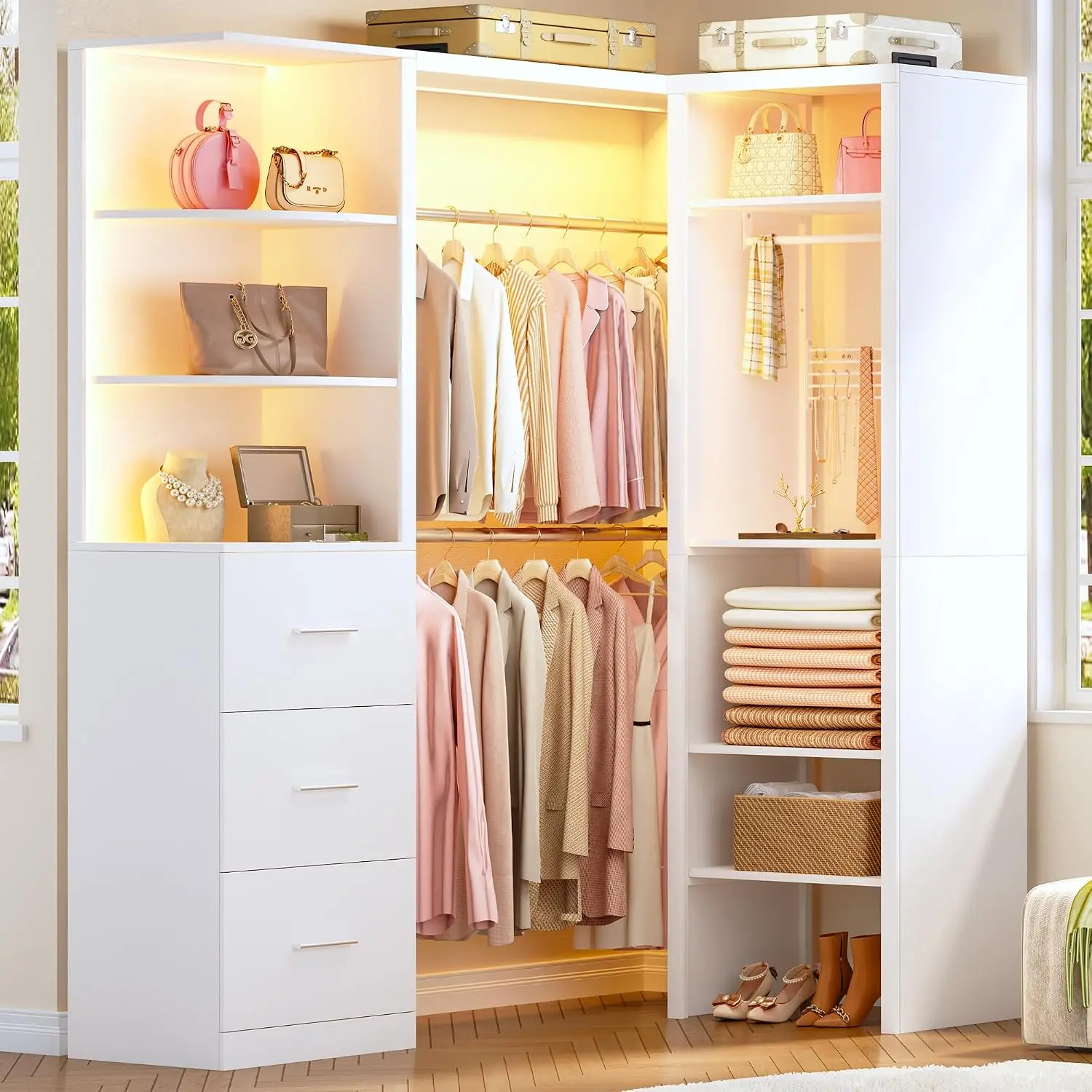 Large Corner Closet 3 Drawers 6 Shelves, 77'' Reversible Organizer LED Lights 8 Hooks Walk-in Wardrobe 3 Hanging Rods Customized