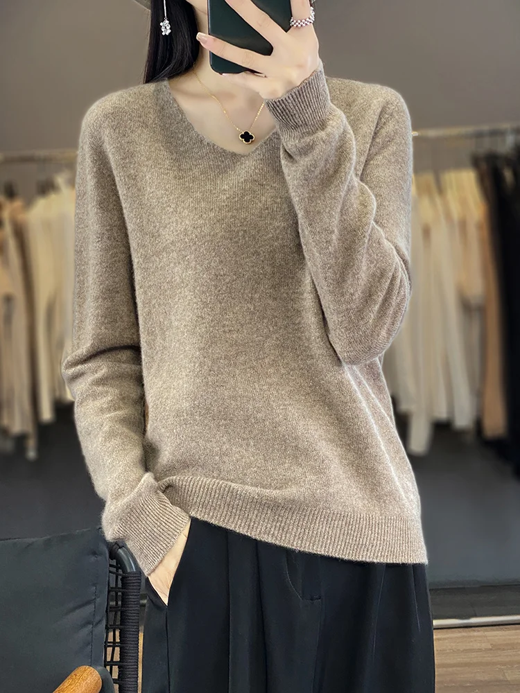 Women New 100% Merino Wool Sweater V-neck Pullover Autumn Winter Casual Knit Tops Solid Color Regular Female Cashmere Clothing