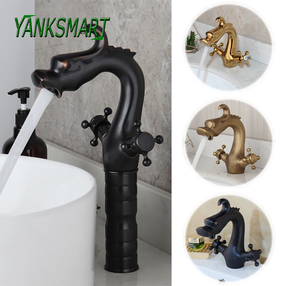 

YANKSMART Dragon Carved Bathroom Faucet Vessel Sink Deck Mounted Faucets Dual Handles Bath Mixer Water Tap Animal Shape Taps