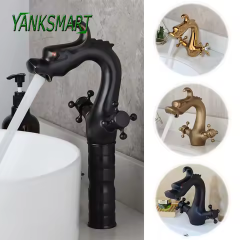 YANKSMART Dragon Carved Bathroom Faucet Vessel Sink Deck Mounted Faucets Dual Handles Bath Mixer Water Tap Animal Shape Taps