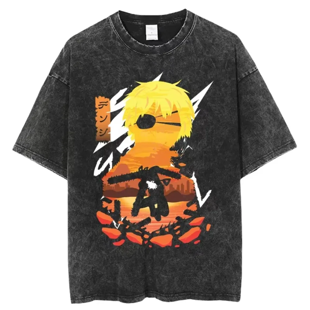 

Tshirt Vintage Washed Men Harajuku Streetwear Short Sleeve Oversize Tops Tees Hot Chainsaw Man Graphic Print Unisex O-Neck