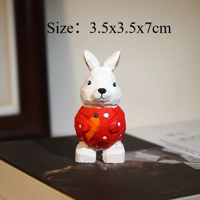1 PC Handmade Wood Carved Little Rabbit In Strawberry Sweater Figurine Cute Cartoon Animal Decor Healing Style Home Decoration