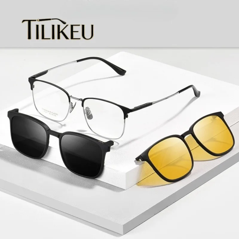 Lunettes de soleil polarisées magnétiques UV400 pour hommes d'affaires, monture carrée en titane pur, vision nocturne, conduite