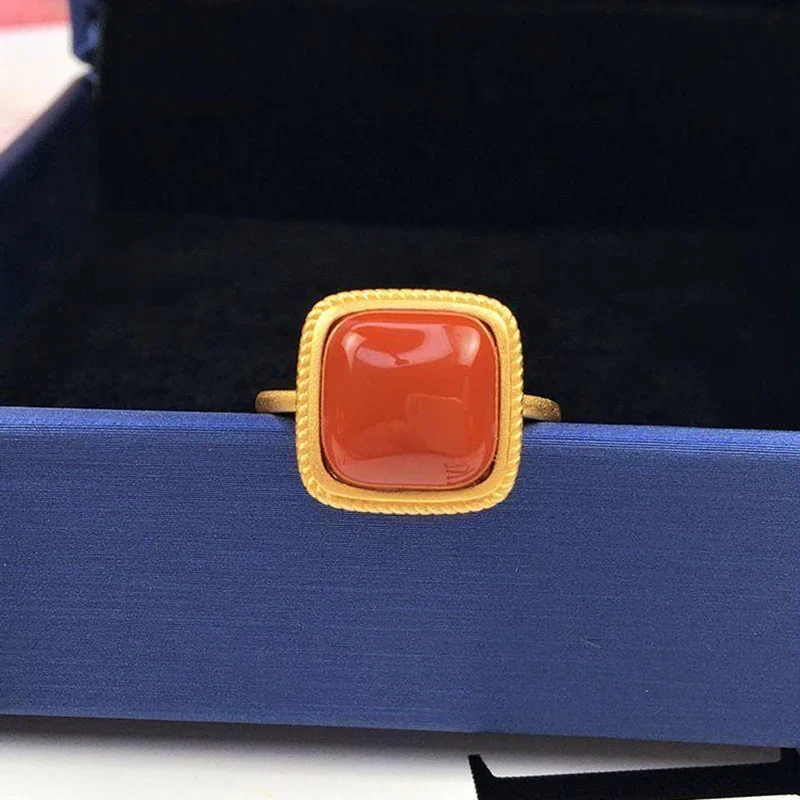 Classic South Red Tourmaline Square Opening Adjustable Ring Chinese Classical Unique Ancient Gold Craft Women's Jewelry image 3