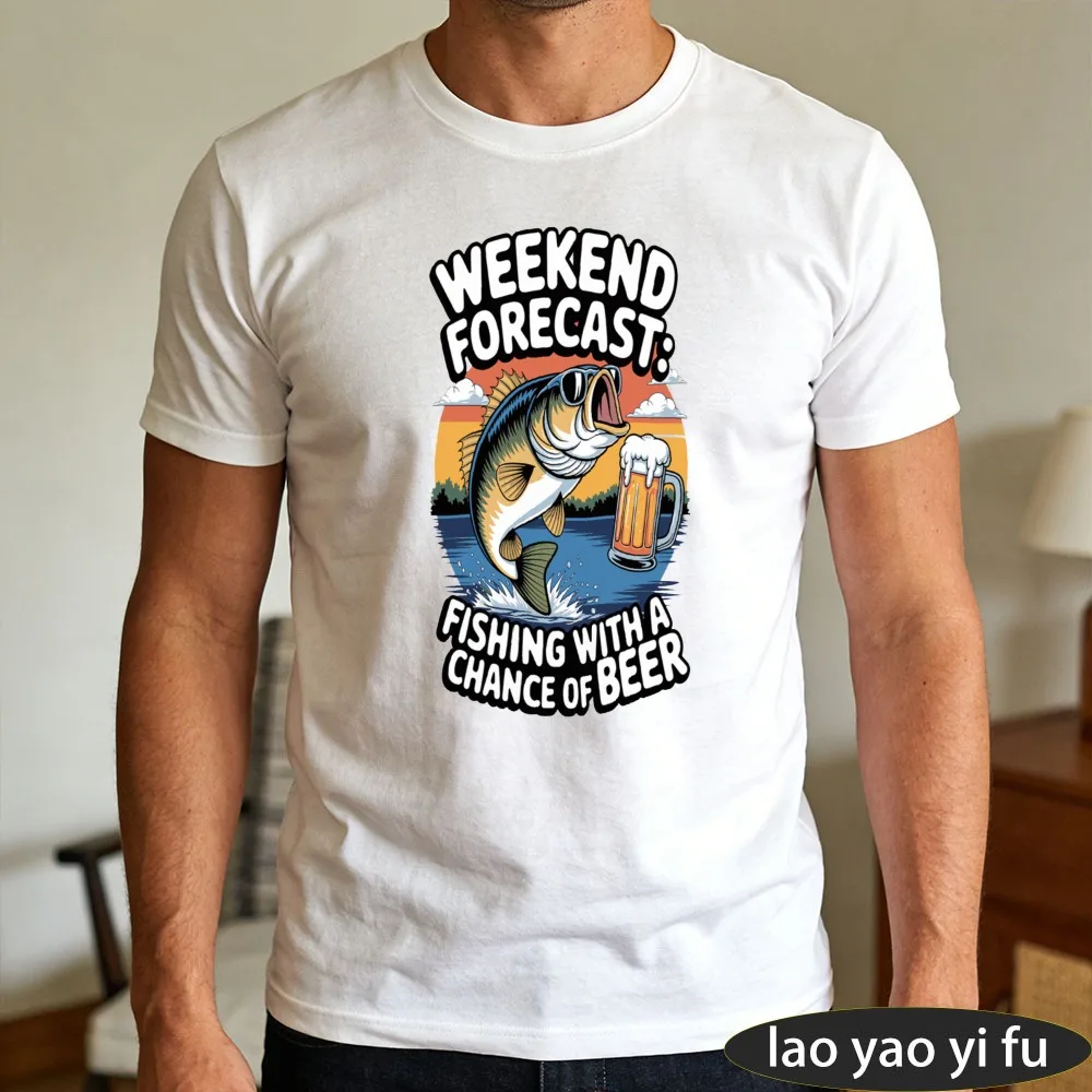 Weekend Forecast Fishing with A Chance of Beer T-Shirt Men Bass Fish Graphic Tee Casual Cotton Tops for Anglers Beer Lovers