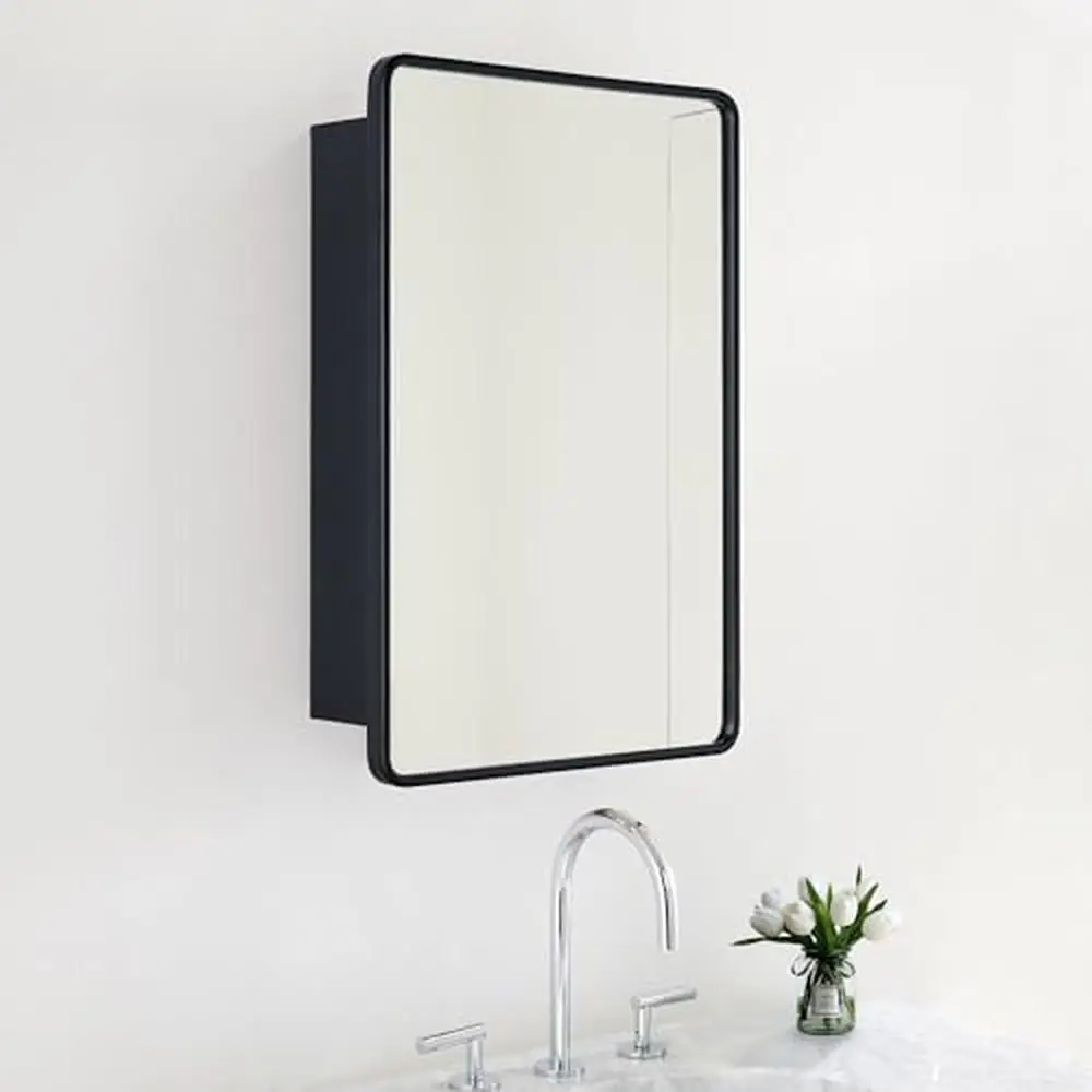 Botiquín con marco de Metal negro, armario rectangular redondeado con estantes de vidrio ajustables y puerta magnética, baño moderno, 20x30 pulgadas