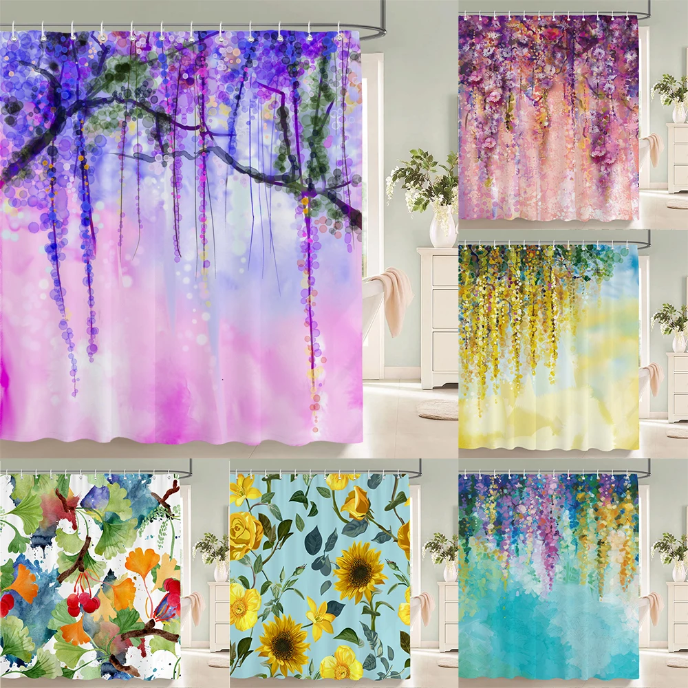 

Colorful Beautiful Flowers Shower Curtains With 12 Hooks Floral Printed Fabric Shower Curtain Waterproof Polyester Bath Screen