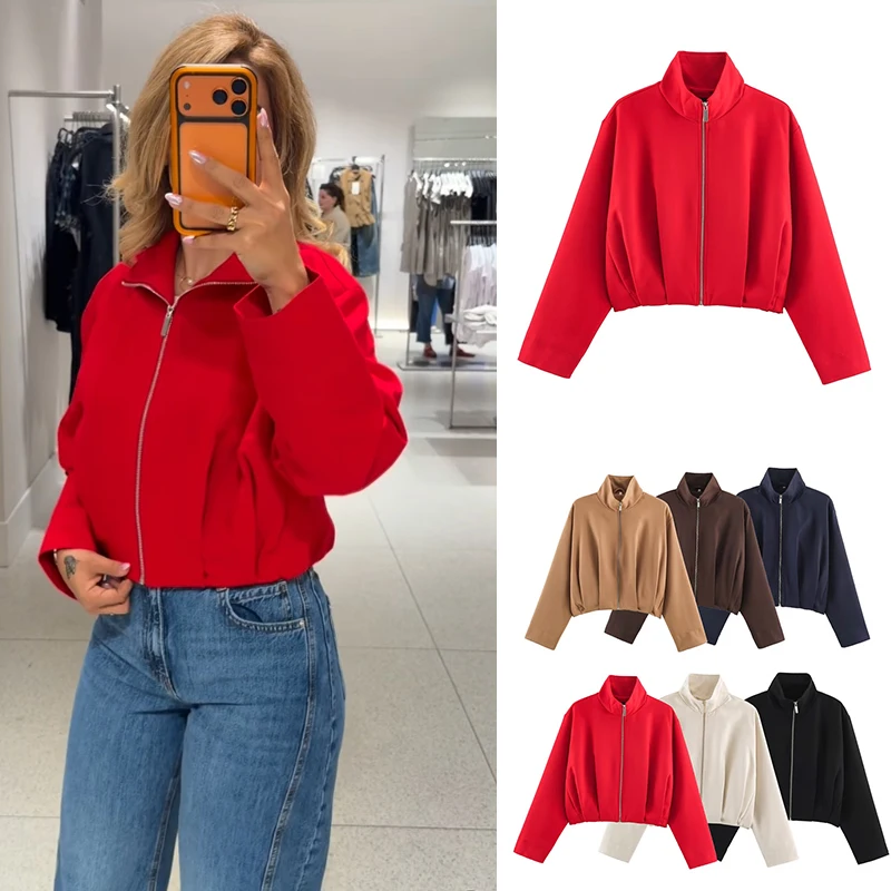 Elegant women's autumn jacket high-neck short zip-up jacket loose fit  available in multiple colors