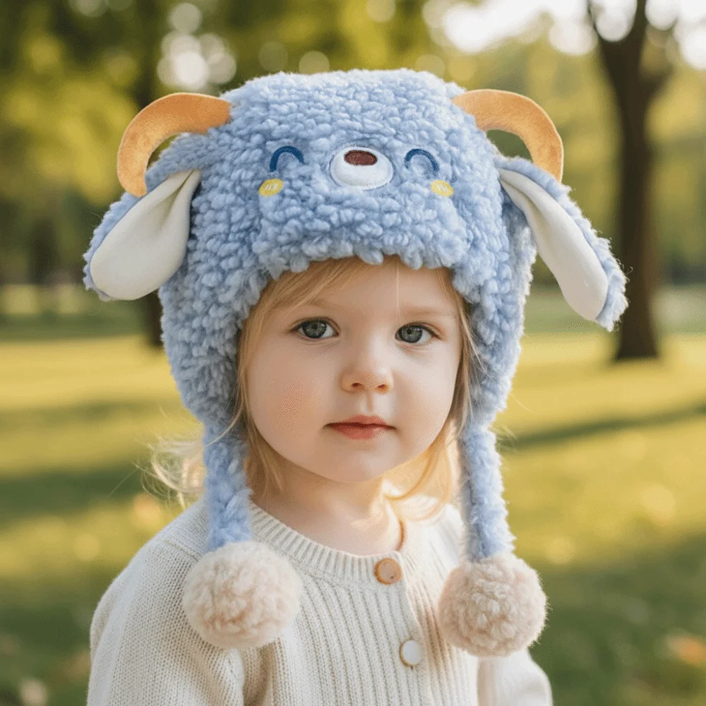 

Cartoon Lamb Beanie Caps Thickened Kawaii Baby Ear Protection Hat Comfortable Coldproof Children's Pullover Hats
