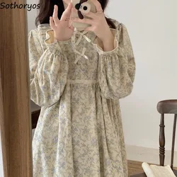 Long Sleeve Nightgowns Women Floral Bow Temper Autumn Home Cozy Aesthetic O-neck Prairie Chic All-match Sleepwear Korean Style