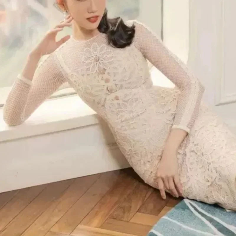 New Elegant Womens Dress Apricot Lace Hollow Out Vintage Luxury Bodycon Dress Long-sleeve O-neck Sexy Party Vestido Evening