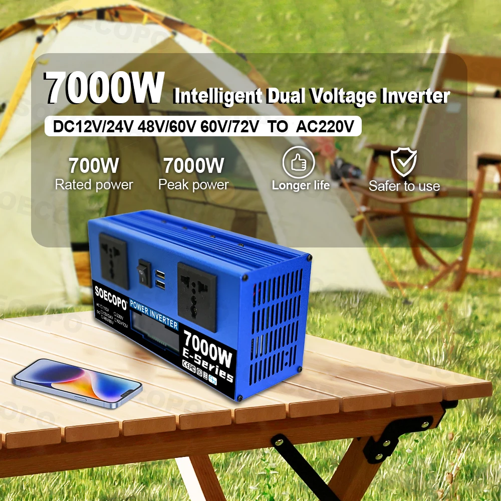 SOECOPO 7000W Car Inverter Dual Voltage Input DC 12V/24V 48V/60V 60V/72V To AC 220V 2 USB Ports 2 Sockets for Home Camping RV - Image 2
