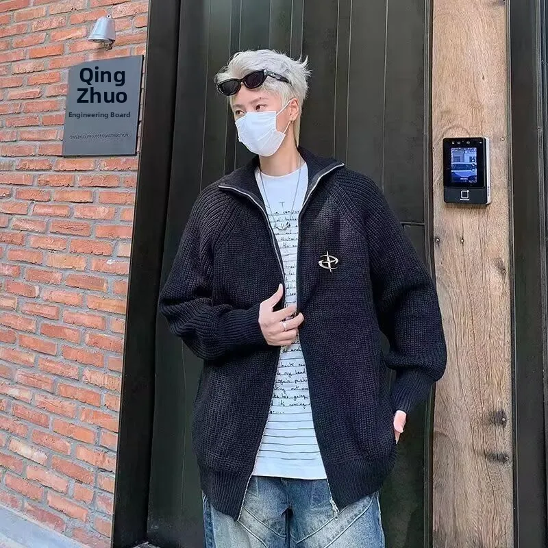 

Fall Winter V-Ne Knitted Sweater Cardigan Men's Color Casual Sle Outerwear Loose Fit Long Sve Zipper Closure