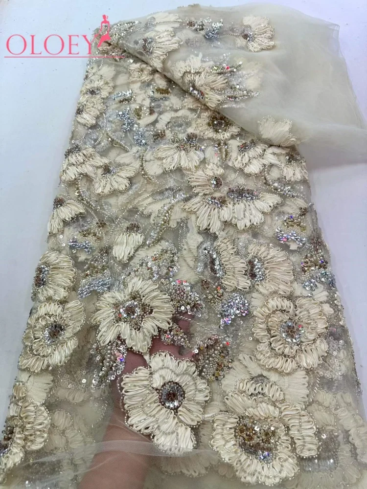

OLOEY Nigerian High-Quality Elegant 3D Embroidered French Tulle Lace Fabric with Sequins for Party And Wedding Occasions